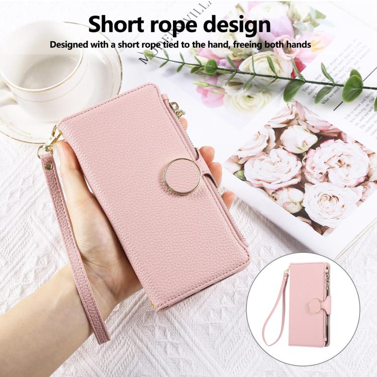 Funda de cuero tipo billetera con hebilla redonda y cremallera para Samsung Galaxy S24 FE 5G con correa cruzada (rosa)