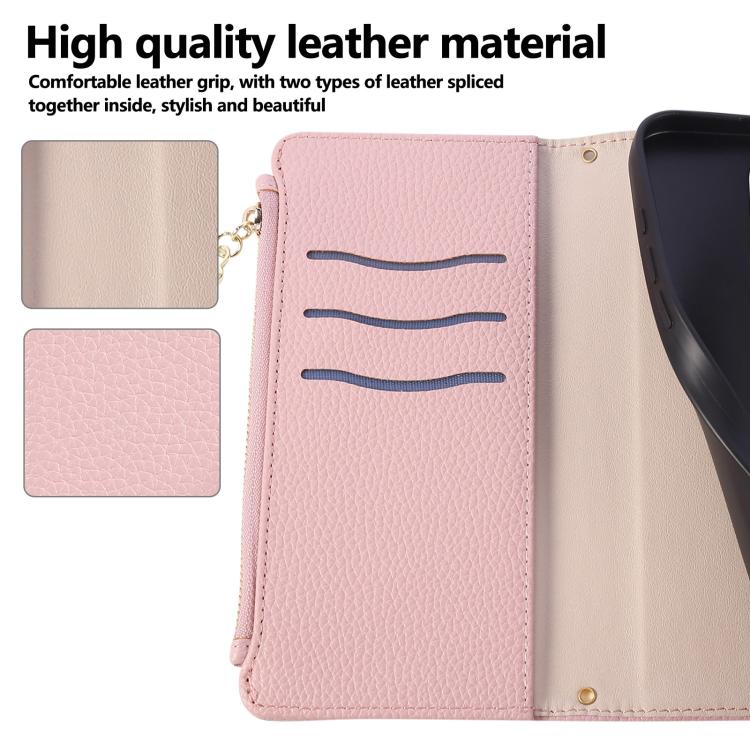 Funda de cuero tipo billetera con hebilla redonda y cremallera para Samsung Galaxy S24 FE 5G con correa cruzada (rosa)