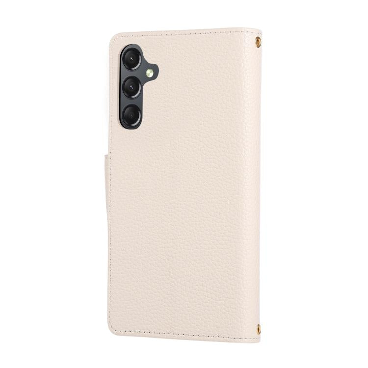 Funda de cuero tipo billetera con hebilla redonda y cremallera para Samsung Galaxy S24 FE 5G con correa cruzada (blanca)