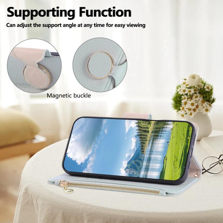 Funda de cuero tipo billetera con hebilla redonda y cremallera para Samsung Galaxy S23 FE 5G con correa cruzada (azul cielo)