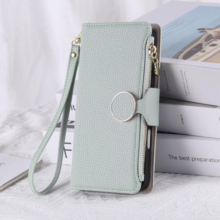 Funda de cuero tipo billetera con hebilla redonda y cremallera para Samsung Galaxy S23 FE 5G con correa cruzada (azul cielo)