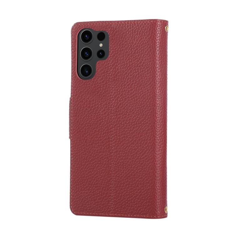 Funda de cuero tipo billetera con hebilla redonda y cremallera para Samsung Galaxy S23 Ultra 5G con correa cruzada (roja)