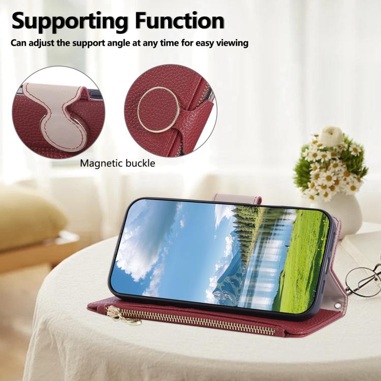 Funda de cuero tipo billetera con hebilla redonda y cremallera para Samsung Galaxy S23 Ultra 5G con correa cruzada (roja)
