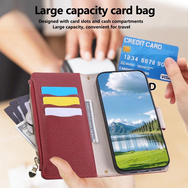 Funda de cuero tipo billetera con hebilla redonda y cremallera para Samsung Galaxy S23 Ultra 5G con correa cruzada (roja)