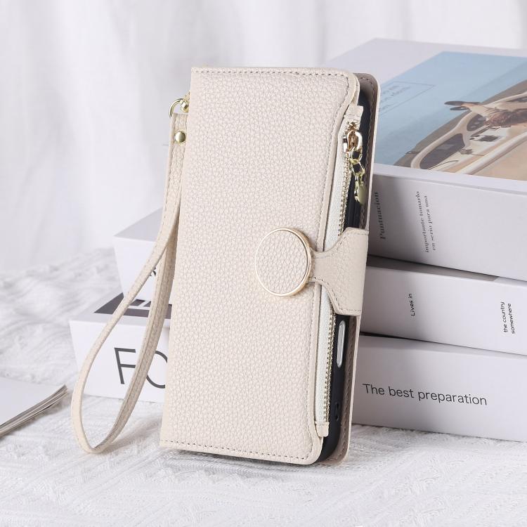 Funda de cuero tipo billetera con hebilla redonda y cremallera para Samsung Galaxy S24 Ultra 5G con correa cruzada (blanca)