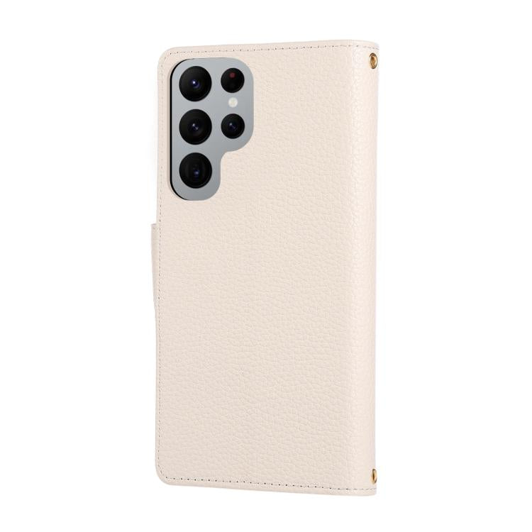 Funda de cuero tipo billetera con hebilla redonda y cremallera para Samsung Galaxy S22 Ultra 5G con correa cruzada (blanca)