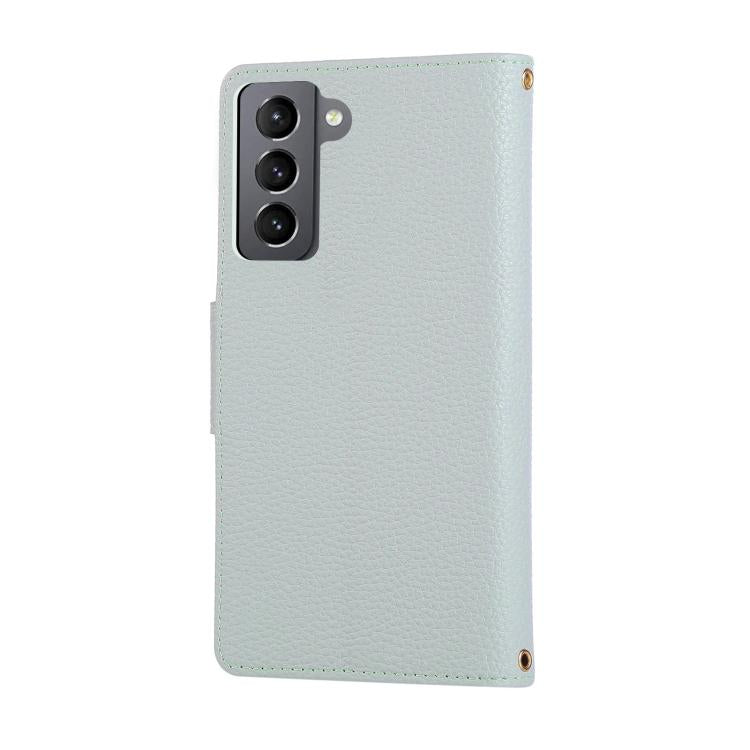 Funda de cuero tipo billetera con hebilla redonda y cremallera para Samsung Galaxy S21 FE 5G con correa cruzada (azul cielo)