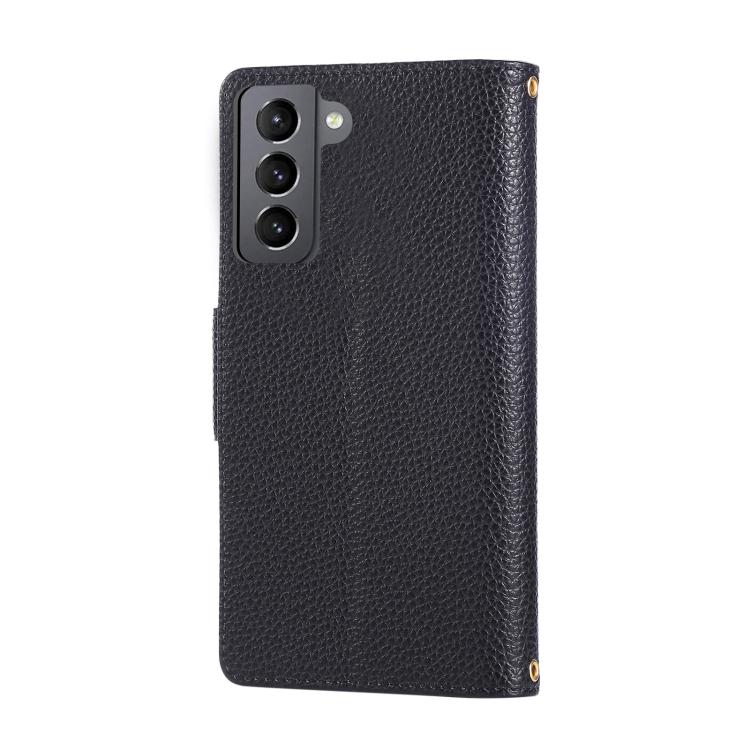 Funda de cuero tipo billetera con hebilla redonda y cremallera para Samsung Galaxy S22+ 5G con correa cruzada (negro)