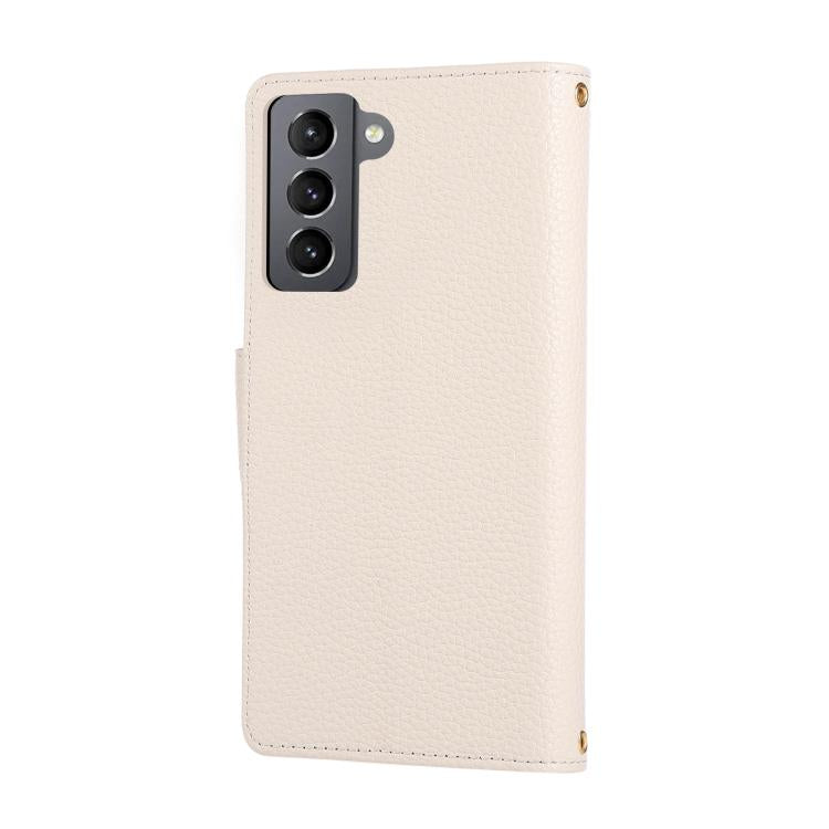 Funda de cuero tipo billetera con hebilla redonda y cremallera para Samsung Galaxy S22+ 5G con correa cruzada (blanca)