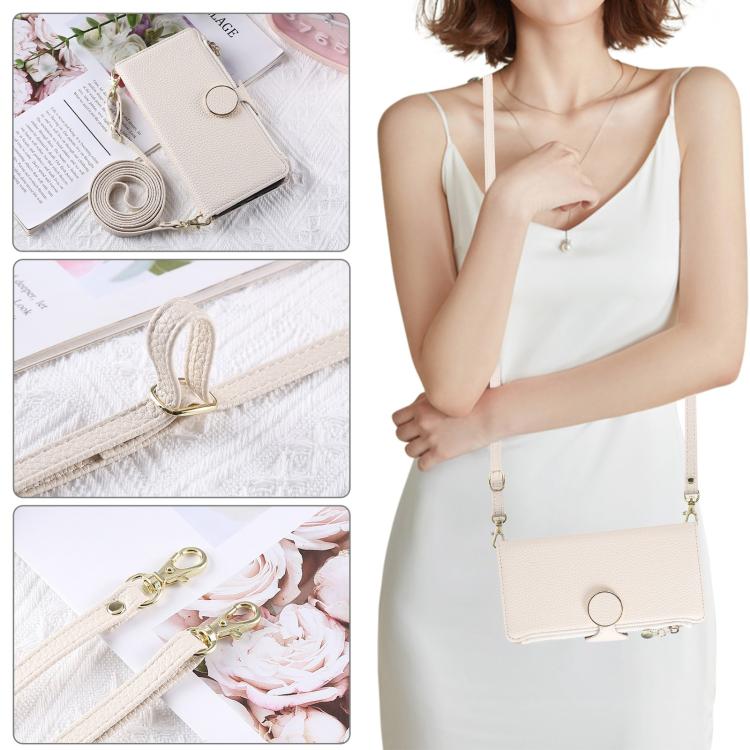 Funda de cuero tipo billetera con hebilla redonda y cremallera para Samsung Galaxy S22 5G con correa cruzada (blanca)