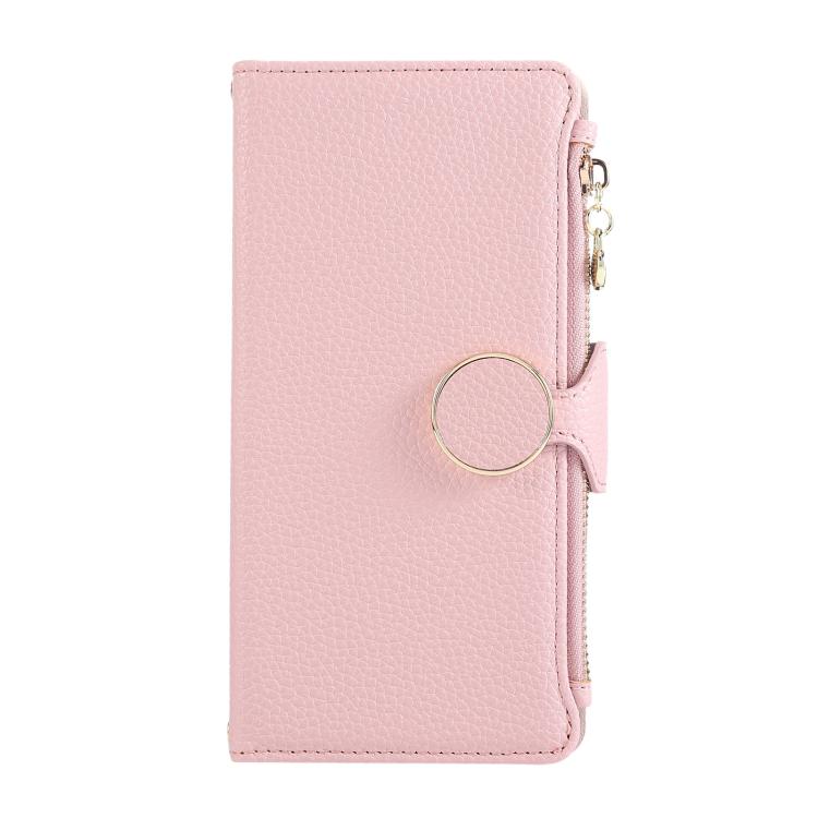 Funda de cuero tipo billetera con hebilla redonda y cremallera para Samsung Galaxy S20 FE con correa cruzada (rosa)