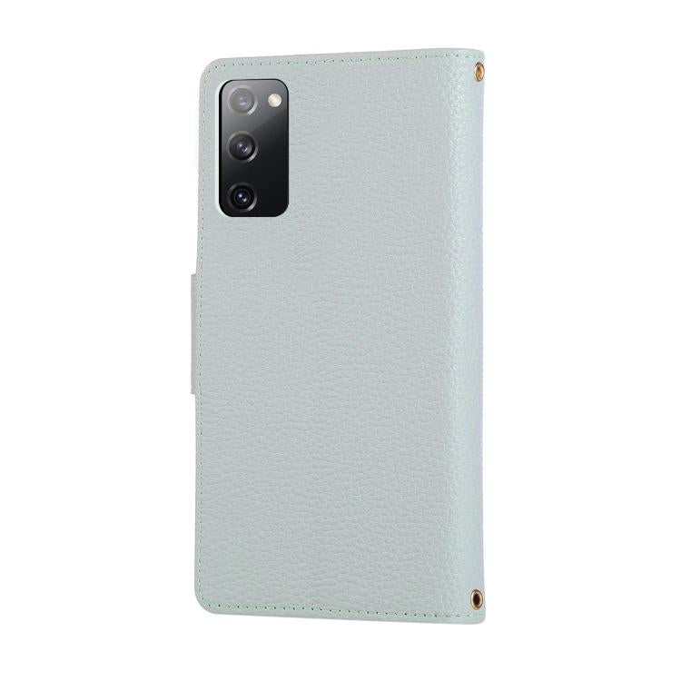 Funda de cuero tipo billetera con hebilla redonda y cremallera para Samsung Galaxy S20 FE con correa cruzada (azul cielo)