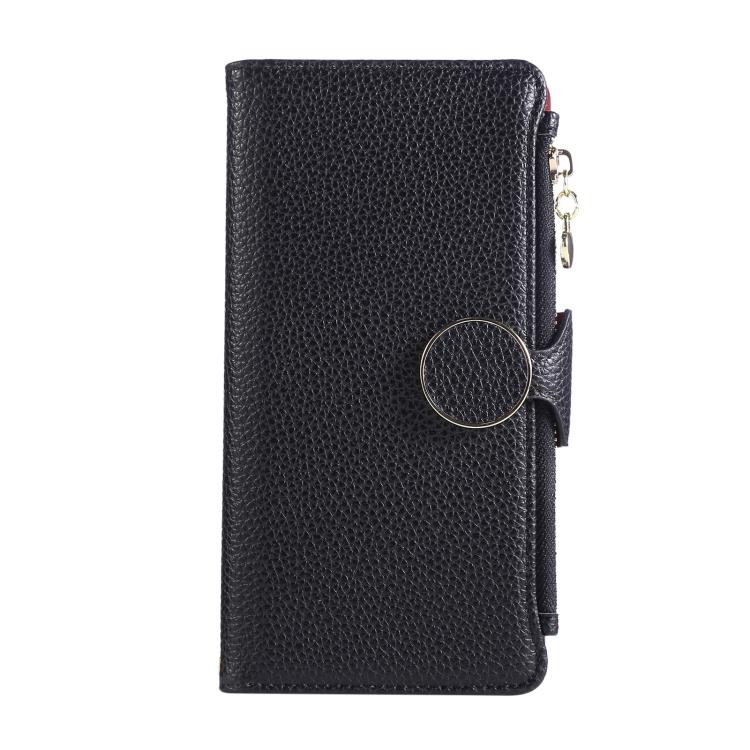 Funda de cuero tipo billetera con hebilla redonda y cremallera para Samsung Galaxy Note20 con correa cruzada (negra)