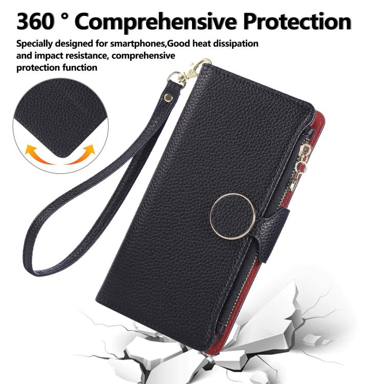 Funda de cuero tipo billetera con hebilla redonda y cremallera para Samsung Galaxy Note20 con correa cruzada (negra)