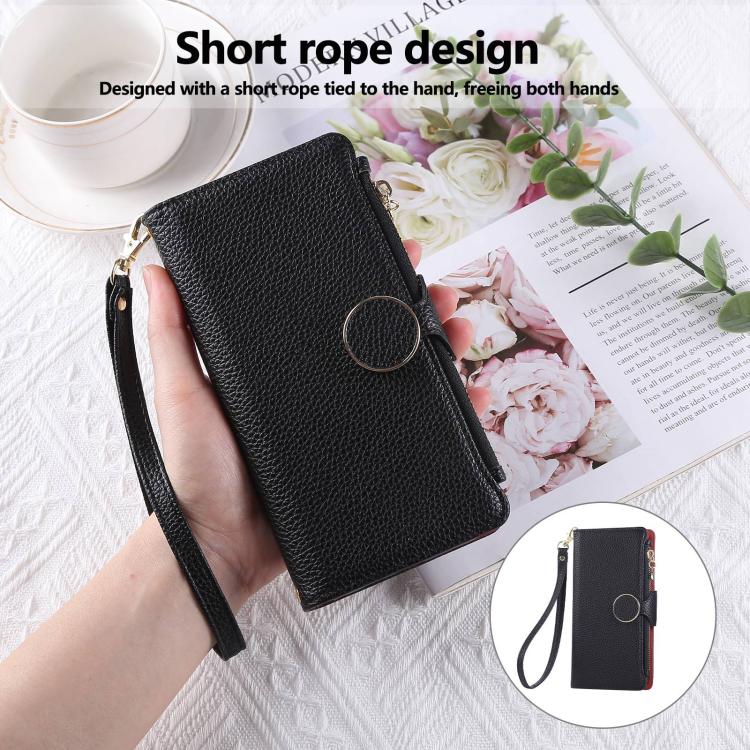 Funda de cuero tipo billetera con hebilla redonda y cremallera para Samsung Galaxy Note20 con correa cruzada (negra)