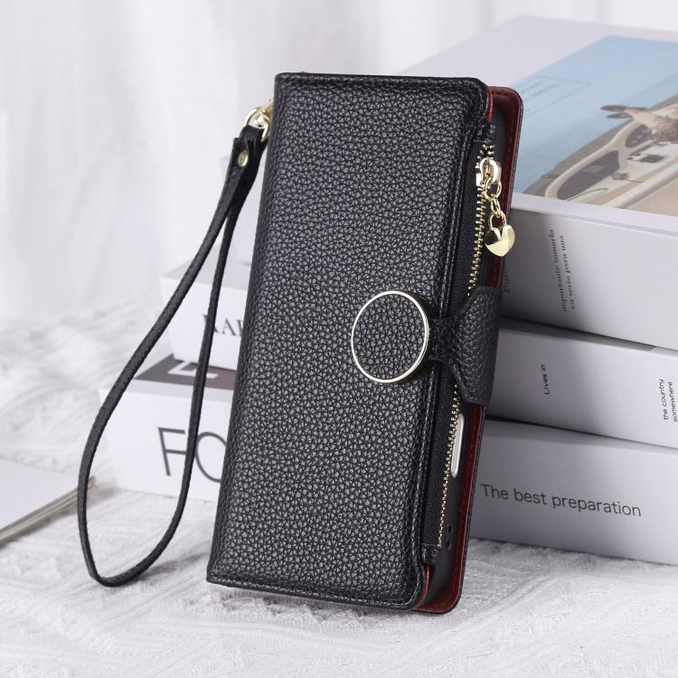 Funda de cuero tipo billetera con hebilla redonda y cremallera para Samsung Galaxy Note20 con correa cruzada (negra)