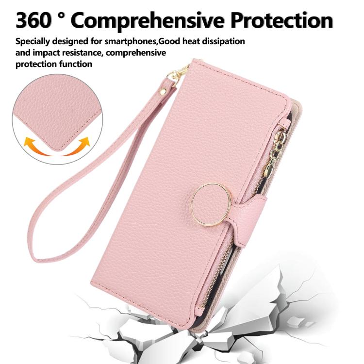 Funda de cuero tipo billetera con hebilla redonda y cremallera para Samsung Galaxy A24 5G con correa cruzada (rosa)