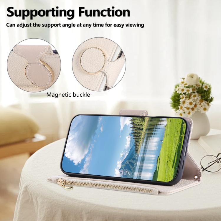 Funda de cuero tipo billetera con hebilla redonda y cremallera para Samsung Galaxy A16 4G / 5G / A26 5G (blanco)