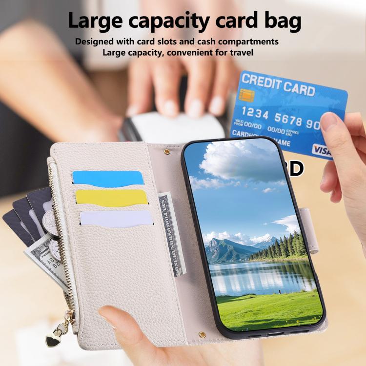 Funda de cuero tipo billetera con hebilla redonda y cremallera para Samsung Galaxy A16 4G / 5G / A26 5G (blanco)