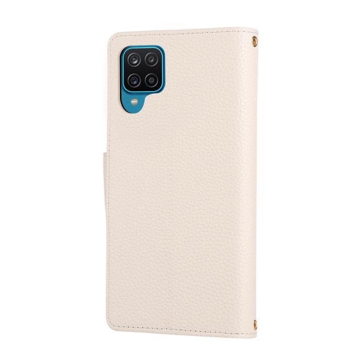 Funda de cuero tipo billetera con hebilla redonda y cremallera para Samsung Galaxy A12 5G con correa cruzada (blanca)