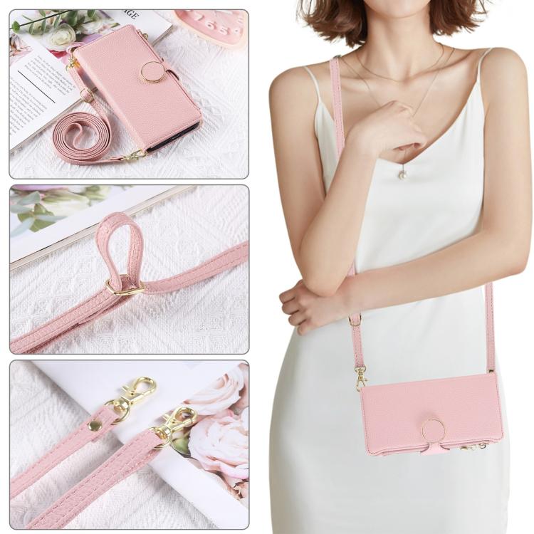 Funda de cuero tipo billetera con hebilla redonda y cremallera para Samsung Galaxy A53 5G con correa cruzada (rosa)