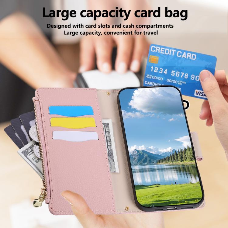 Funda de cuero tipo billetera con hebilla redonda y cremallera para Samsung Galaxy A53 5G con correa cruzada (rosa)