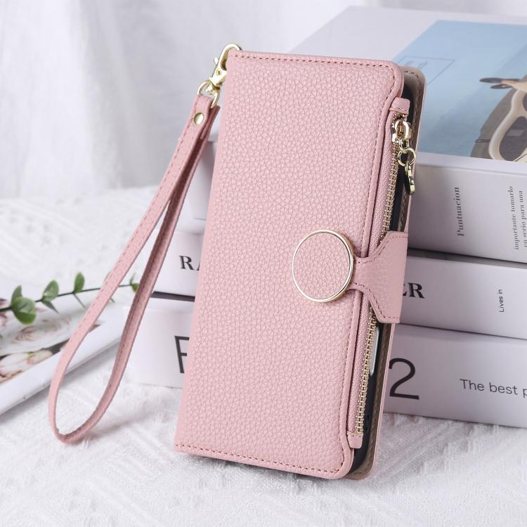 Funda de cuero tipo billetera con hebilla redonda y cremallera para Samsung Galaxy A53 5G con correa cruzada (rosa)
