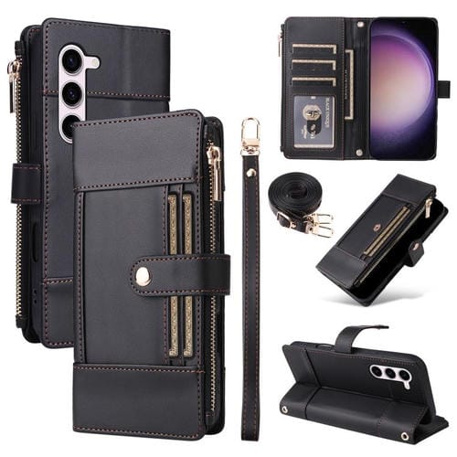 Funda de cuero con cremallera y bloqueo RFID para Samsung Galaxy S23 5G (negro)
