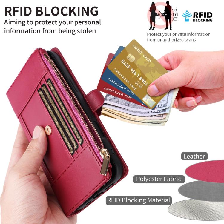 Funda de cuero tipo cartera con cremallera y bloqueo RFID para Samsung Galaxy A15 5G (roja)