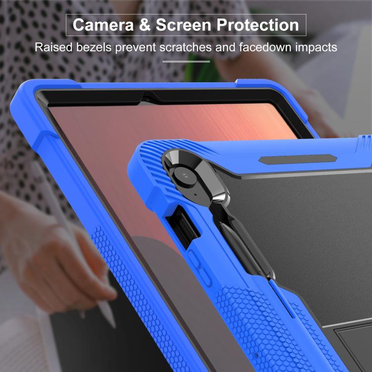 Funda híbrida de silicona a prueba de golpes para Samsung Galaxy Tab S10 FE+ con soporte (negro y azul oscuro)