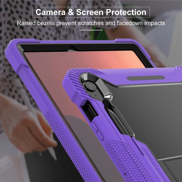 Funda híbrida de silicona a prueba de golpes para Samsung Galaxy Tab S10 FE+ con soporte (negro y morado)