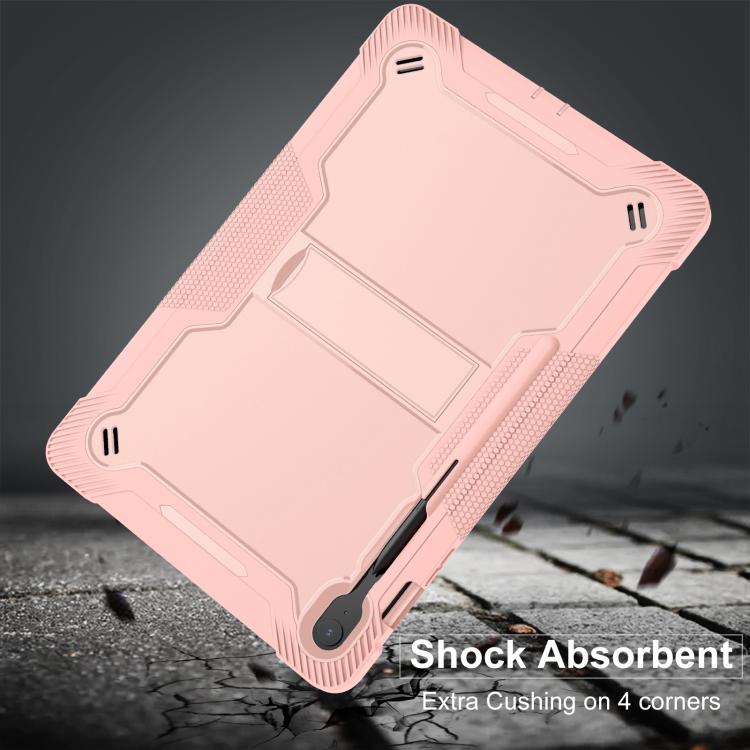 Funda híbrida de silicona a prueba de golpes para Samsung Galaxy Tab S10 FE+ con soporte (oro rosa)