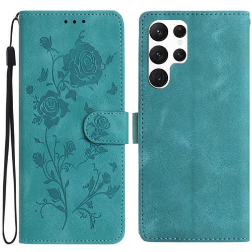 Funda de cuero con estampado floral en relieve para Samsung Galaxy S22 Ultra 5G (verde)