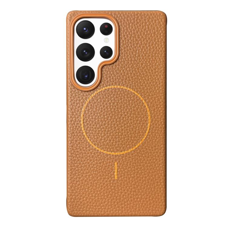 Funda de TPU con textura de lichi MagSafe para Samsung Galaxy S22 Ultra 5G (marrón dorado)