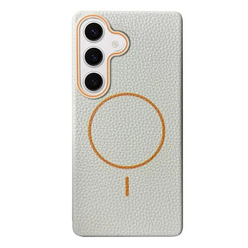 Funda de TPU con textura de lichi MagSafe para Samsung Galaxy S23 FE 5G (blanco y naranja)
