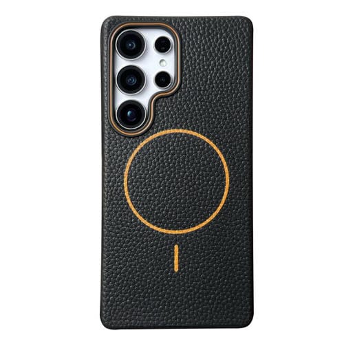Funda de TPU con textura de lichi MagSafe para Samsung Galaxy S23 Ultra 5G (negro y naranja)