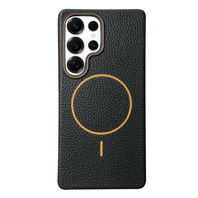 Funda de TPU con textura de lichi MagSafe para Samsung Galaxy S25 Ultra 5G (negro y naranja)