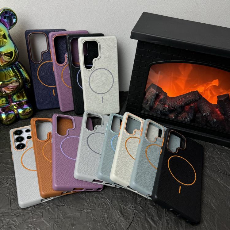 Funda de TPU con diseño de círculo fino MagSafe y textura de lichi para Samsung Galaxy S24+ 5G (morado y naranja)