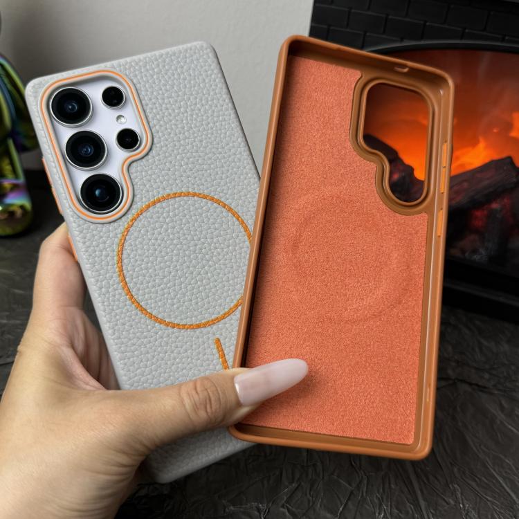 Funda de TPU con textura de lichi MagSafe para Samsung Galaxy S25+ 5G (negro y naranja)