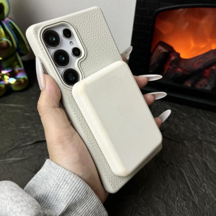 Funda de TPU con textura de lichi MagSafe para Samsung Galaxy S25+ 5G (blanco y naranja)