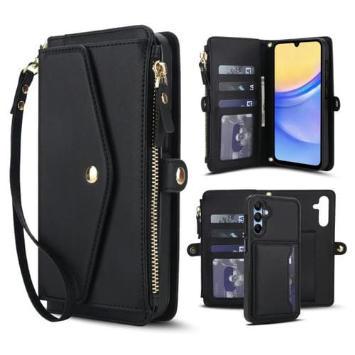Funda de cuero desmontable con cordón para Samsung Galaxy A55 5G (negro)