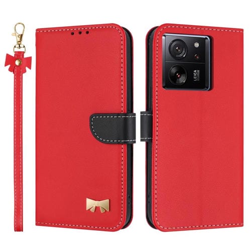 Funda de cuero con lazo metálico y correa de mano para Xiaomi 13T/13T Pro (roja)