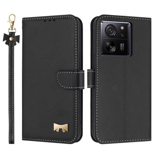 Funda de cuero con lazo metálico y correa de mano para Xiaomi 13T/13T Pro (negra)