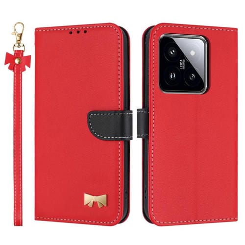 Funda de cuero con lazo metálico y correa para la mano para Xiaomi 14 (roja)