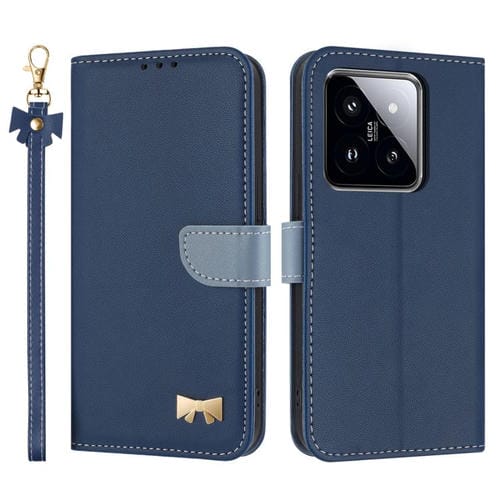 Funda de cuero con lazo metálico y correa para la mano para Xiaomi 14 Pro (azul oscuro)