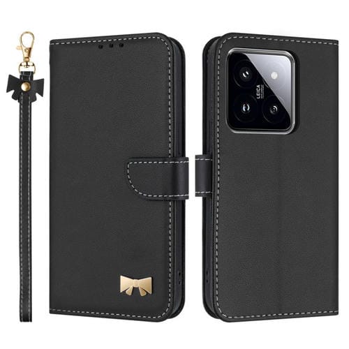 Funda de cuero con lazo metálico y correa para la mano para Xiaomi 14 Pro (negra)