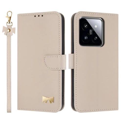 Funda de cuero con lazo metálico y correa para la mano para Xiaomi 14 Pro (albaricoque)