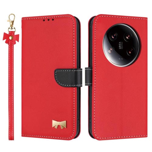Funda de cuero con lazo metálico y correa de mano para Xiaomi 14 Ultra (roja)