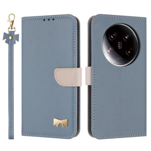 Funda de cuero con lazo metálico y correa para la mano para Xiaomi 14 Ultra (azul claro)