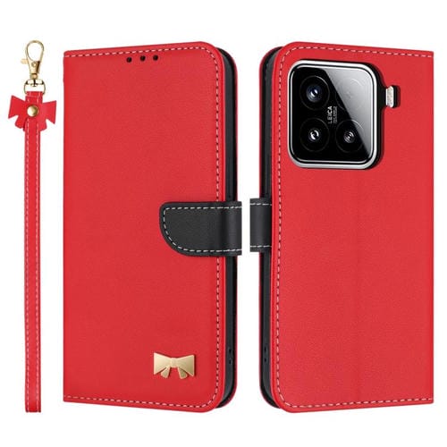 Funda de cuero con lazo metálico y correa para la mano para Xiaomi 15 (roja)